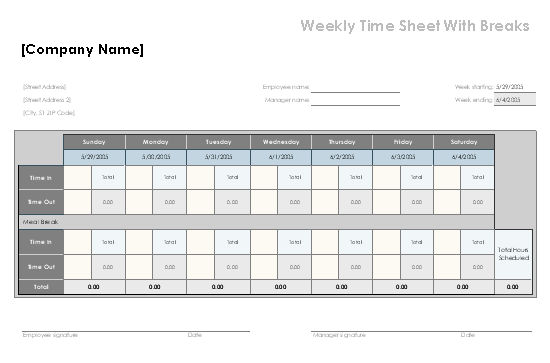 Free Download Weekly time sheet with breaks