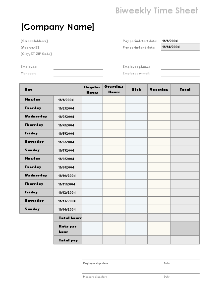 Bi Weekly Time Card Template from excelhawk.com