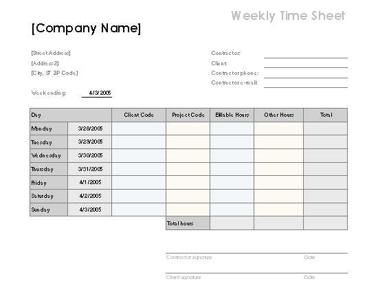 Download Weekly Time Sheet By Client And Project for Microsoft Excel 2003 or newer