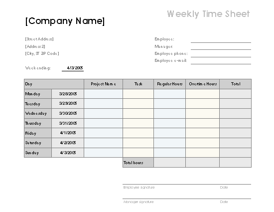 Download Weekly Time Sheet With Tasks And Overtime for Microsoft Excel 2003 or newer
